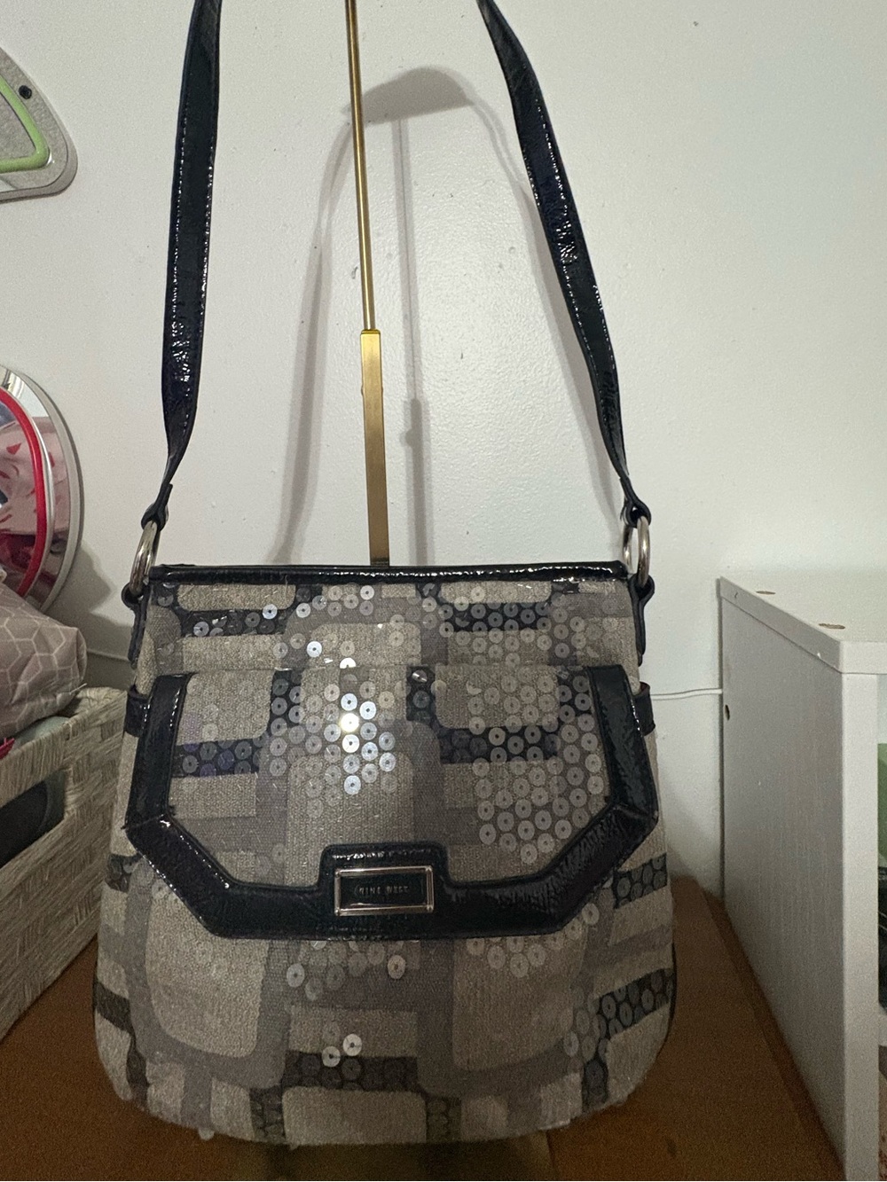 Nine West Gray Sequin Shoulder Bag with Black Trim